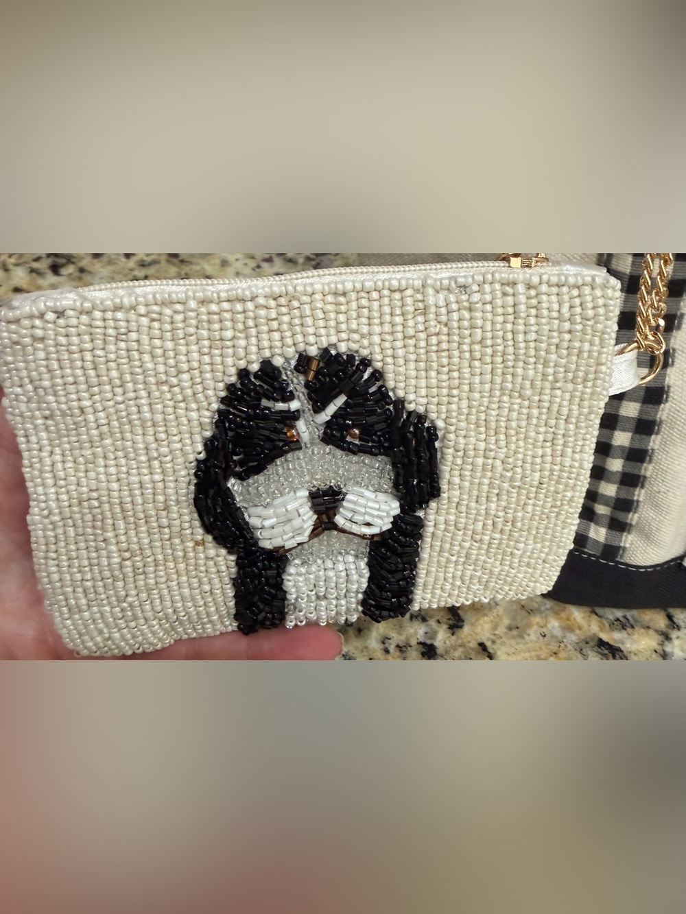 NWT Beaded Dog Canvas Tote Bag Zip Pouch Set Gingham Shih Tzu Bernedoodle - Picture 4 of 11